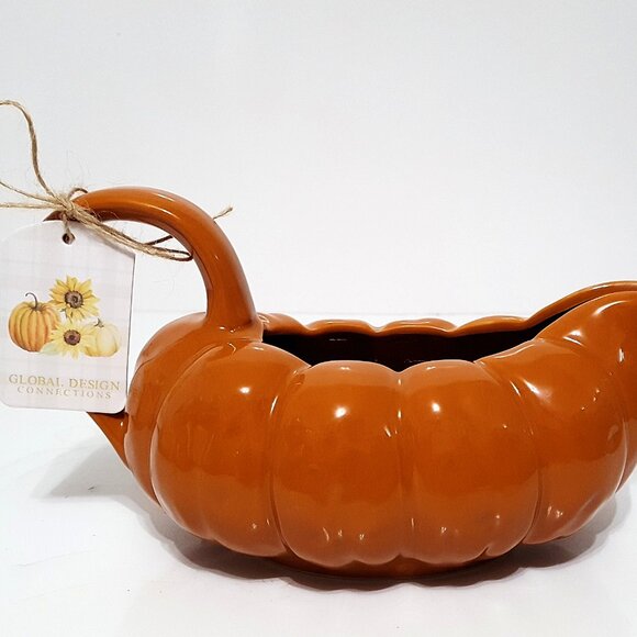 NEW Global Designs Orange Pumpkin Shaped Gravy Boat 27 OZ Stoneware - Picture 2 of 8